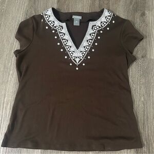 Ann Taylor Petites Brown with Embroidered Neckline Shirt - LP
